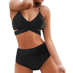 Bikini Set Womens M Black High‎ Waisted Push Up Bandage Ruched 361 NWT